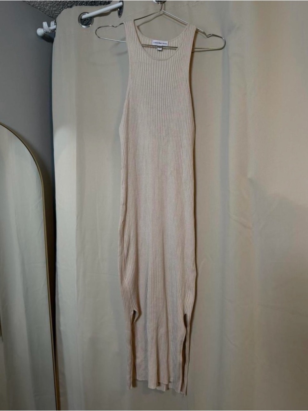 Ribbed Tank Midi Dress in Light Beige